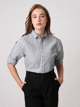 BLNK - Women Grey Oxford Striped Shirt