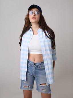 BLNK - Women Blue Oxford Checkered Oversized Shirt