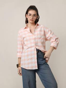 BLNK - Women Peach Oxford Checkered Oversized Shirt