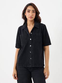 Femmella - Women Black Denim Half Sleeves Shirt