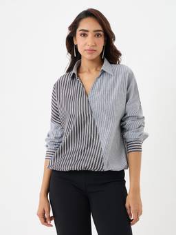 Femmella - Women Black Striped Wrap Top