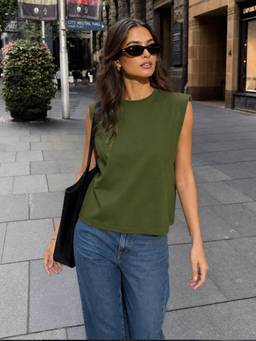 Femmella - Olive Crew Neck Sleeveless T-Shirt