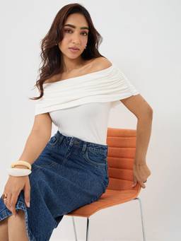 Femmella - Bamboo White Knit Off Shoulder Top