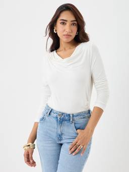 Femmella - Women Bamboo White Cowl Neck Bodysuit