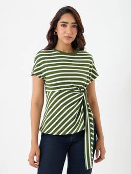 Femmella - Olive Cotton Stripe Tie-Up T-Shirt