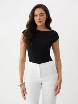 Femmella - Black Knit Boat Neck Bodysuit