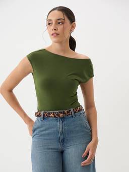 Femmella - Olive Knit Boat Neck Bodysuit