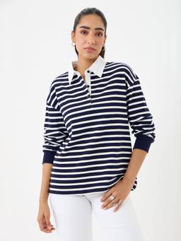 Femmella - Women Navy Blue Striped Polo T-Shirt