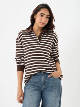 Femmella - Women Brown Striped Polo T-Shirt