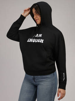 HONNETE - Women Black Winter Hooded Fleece Kangaroo Pocket Sweatshirt