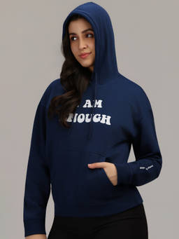 HONNETE - Women Blue Winter Hooded Fleece Kangaroo Pocket Sweatshirt