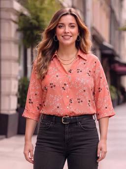 Style Quotient - Plus Women Floral printed Smart Casual Peach White Polyester Shirt