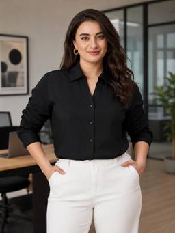 Style Quotient - Plus Women Solid Black Polycotton Shirt