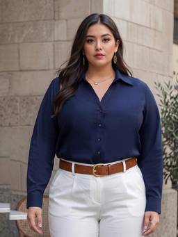 Style Quotient - Plus Women Navy Blue Solid Nude Polycotton Shirt