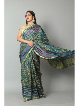 KISHORI - Womens Bandhani and Banarasi Saree and Blouse Fabric-Teal Blue