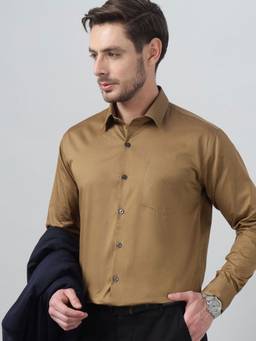 Hancock - Men Sepia Brown Solid Spread Collar Pure Cotton Satin Classic Slim Fit Formal Shirt