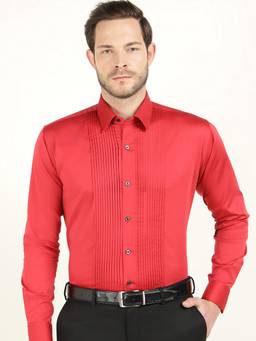 Hancock - Men Red Premium Slim Fit Pintucks Cotton Satin Tuxedo Party Shirt