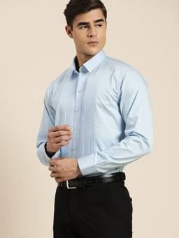 Hancock - Men Blue Solid Pure Cotton Slim Fit Tuxedo Party Shirt