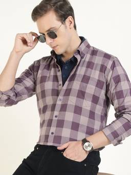 Hancock - Men Mauve Buffalo Twill Checked Slim Fit Formal Shirt