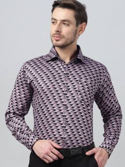 Hancock - Men Mauve Abstract Printed Spread Collar Cotton Satin Classic Slim Fit Party Shirt