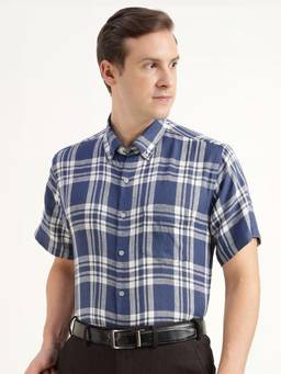 Hancock - Men Blue Premium Slim Fit Pure Linen Checked Formal Shirt