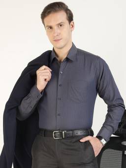 Hancock - Men Navy Blue Slim Fit Pin Striped French Cuff Pure Cotton Formal Shirt