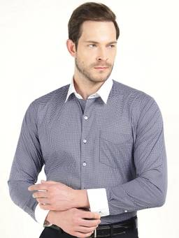 Hancock - Men Navy Blue Slim Fit Micro Checks Cotton Stretch Formal Shirt
