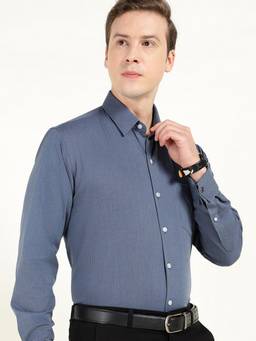 Hancock - Men Navy Blue Self Design Slim Fit Pure Cotton Stretch Formal Shirt