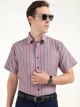 Hancock - Men Multicolor Striped Chambray Slim Fit Pure Cotton Formal Shirt