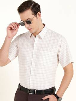 Hancock - Men Cream Premium Checks Linen Slim Fit Formal Shirt