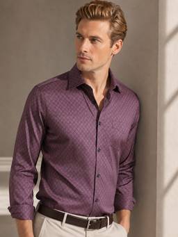 Hancock - Men Dusty Mauve Solid Self Design Pure Cotton Slim Fit Formal Shirt