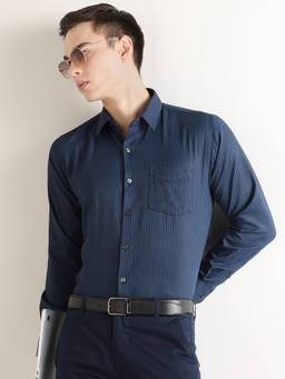 Hancock - Men Navy Blue Solid Self Design Cotton Blend Slim Fit Formal Shirt