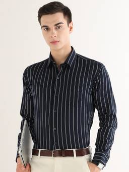Hancock - Men Navy Blue Stripes Pure Cotton Slim Fit Formal Shirt