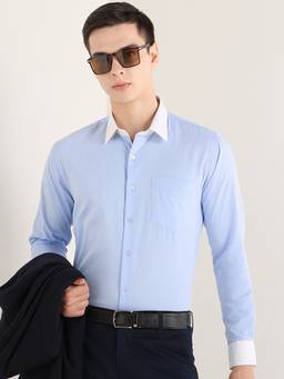 Hancock - Men Sky Blue Solid Self Design Pure Cotton Slim Fit Formal Shirt