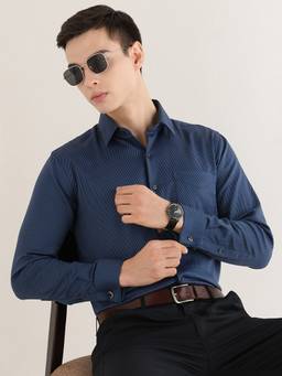 Hancock - Men Navy Blue Solids Pure Cotton Slim Fit Formal Shirt