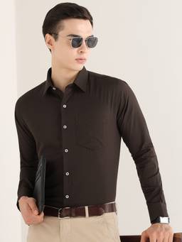 Hancock - Men Brown Solid Self Design Pure Cotton Slim Fit Formal Shirt