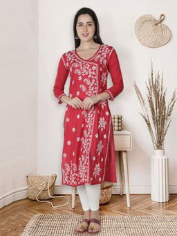 Seva Chikan - Hand Embroidered Red Cotton Lucknowi Chikankari Kurta