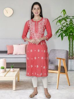 Seva Chikan - Hand Embroidered Carrot Pink Cotton Lucknowi Chikankari Kurta