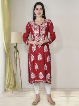 Seva Chikan - Hand Embroidered Maroon Modal Cotton Lucknowi Chikankari Kurta