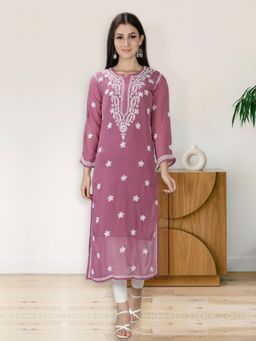 Seva Chikan - Hand Embroidered Mauve Georgette Lucknowi Chikankari Kurta with Inner (Set of 2)
