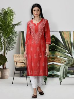 Seva Chikan - Hand Embroidered Red Chanderi Lucknowi Chikankari Kurta