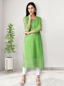 Seva Chikan - Hand Embroidered Green Georgette Lucknowi Chikankari Kurta with Inner (Set of 2)
