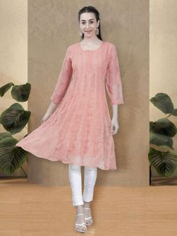 Seva Chikan - Hand Embroidered Peach Georgette Lucknowi Chikankari Anarkali Kurta