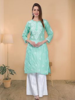 Seva Chikan - Hand Embroidered Sea Green Terivoil Cotton Lucknowi Chikankari Kurta