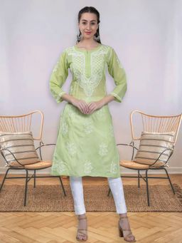 Seva Chikan - Hand Embroidered Green Terivoil Cotton Lucknowi Chikankari Kurta