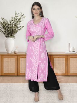 Seva Chikan - Hand Embroidered Pink Cotton Lucknowi Chikankari Angarkha Kurta