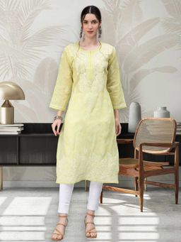 Seva Chikan - Hand Embroidered Pista Green Terivoil Cotton Lucknowi Chikankari Kurta