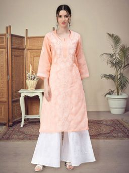 Seva Chikan - Hand Embroidered Apricot Peach Terivoil Cotton Lucknowi Chikankari Kurta