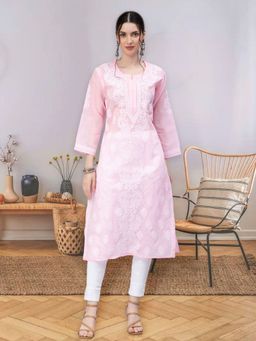 Seva Chikan - Hand Embroidered Pink Terivoil Cotton Lucknowi Chikankari Kurta