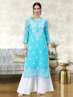 Seva Chikan - Hand Embroidered Blue Georgette Lucknowi Chikankari Kurta with Inner (Set of 2)